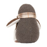 Boucle Penguin Animal Velvet Door Stop in warm grey, shown from behind with cream face, brown cap, tartan neck scarf, and velvet feet on a plain white background.