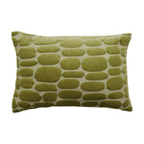 Boulder Geometric Velvet Cushion in olive, rectangular lumbar shape with raised pebble-shaped velvet motifs on a woven ground, plain white background.