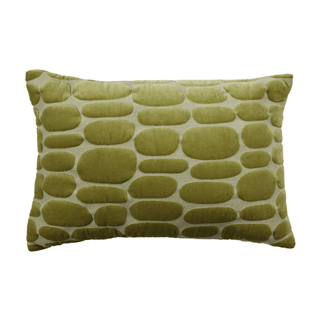 Boulder Geometric Velvet Cushion in olive, rectangular lumbar shape with raised pebble-shaped velvet motifs on a woven ground, plain white background.