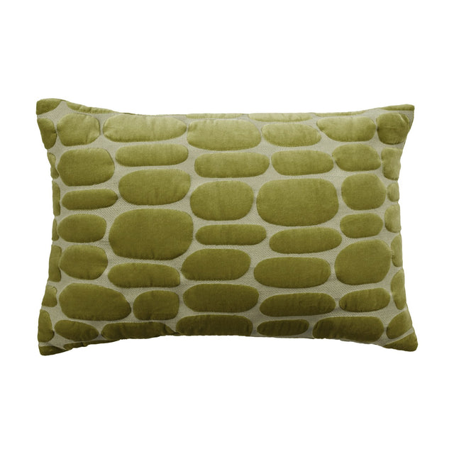 Boulder Geometric Velvet Cushion in olive, rectangular lumbar shape with raised pebble-shaped velvet motifs on a woven ground, plain white background.