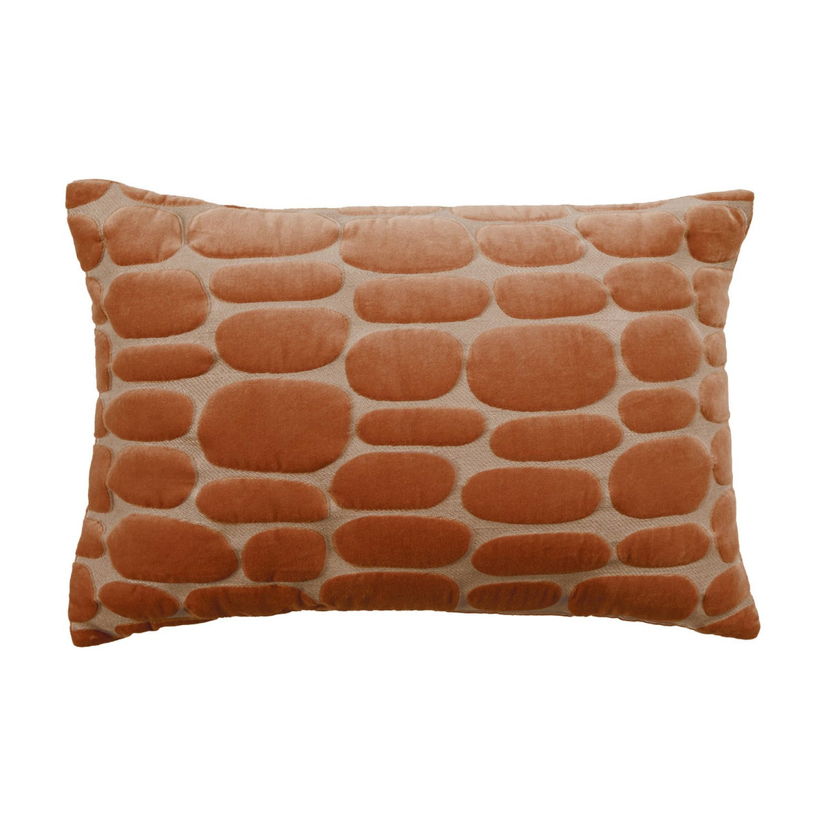 Boulder Geometric Velvet Cushion in Sunset orange, rectangular with raised pebble-shaped panels on a plain velvet ground, shown on a white background.