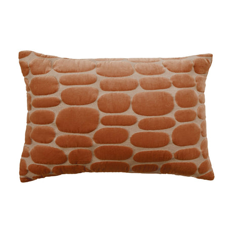 Boulder Geometric Velvet Cushion in Sunset orange, rectangular with raised pebble-shaped panels on a plain velvet ground, shown on a white background.