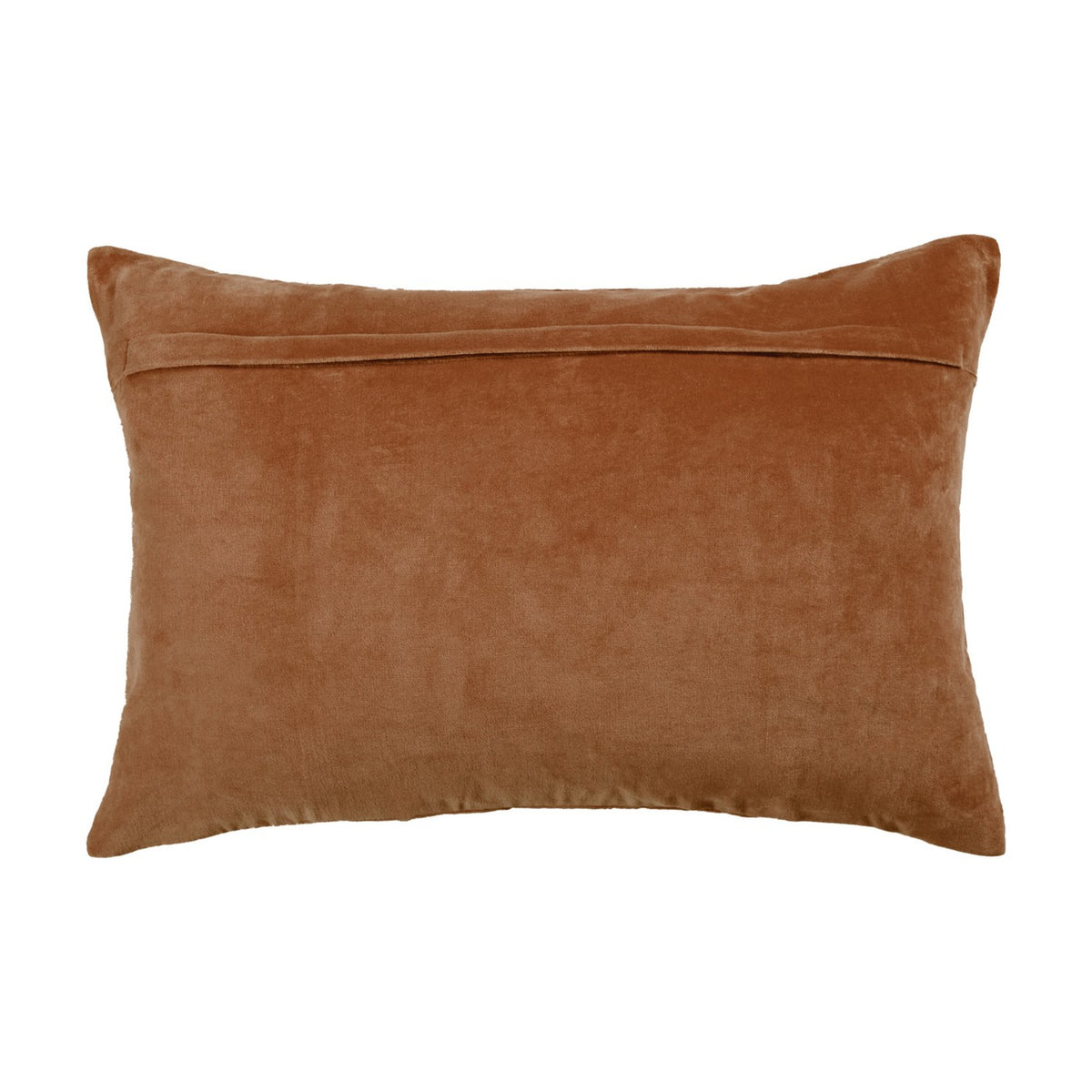 Boulder Geometric Velvet Cushion in Sunset, rectangular with plain tan-orange velvet reverse and concealed opening, shown on a white background.