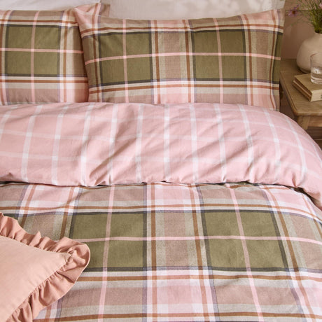 Braemar Check Cotton Reversible Duvet Cover Set - Pink & Green
