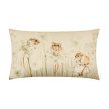 Rectangular polyester scatter cushion printed with three watercolour-style mice among dandelions on a pale oatmeal ground, shown on a plain white background.