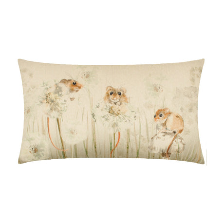 Rectangular polyester scatter cushion printed with three watercolour-style mice among dandelions on a pale oatmeal ground, shown on a plain white background.