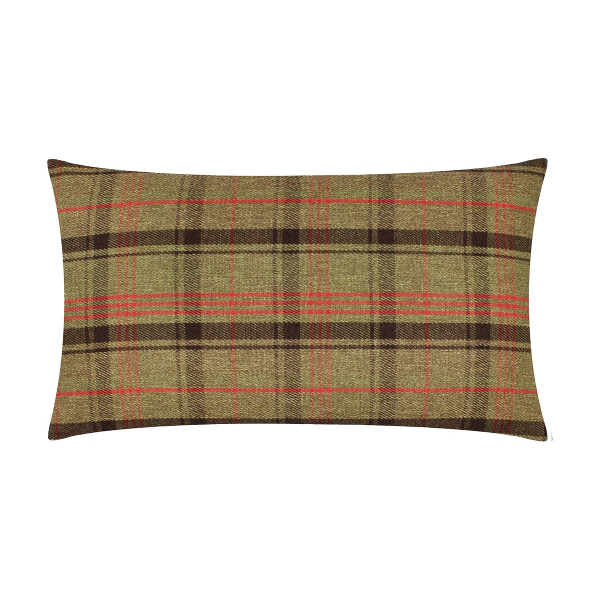 Rectangular Bramble Mice scatter cushion shown reverse side, featuring an olive green, brown and red plaid check pattern on a plain white background.