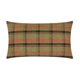 Rectangular Bramble Mice scatter cushion shown reverse side, featuring an olive green, brown and red plaid check pattern on a plain white background.