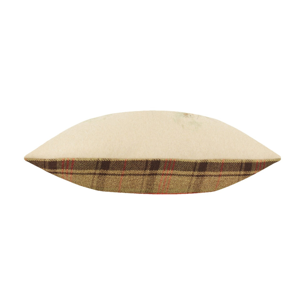 Bramble Mice reversible polyester scatter cushion shown side-on, with cream front piping and an olive green, brown and red check reverse edge, on a plain white background.