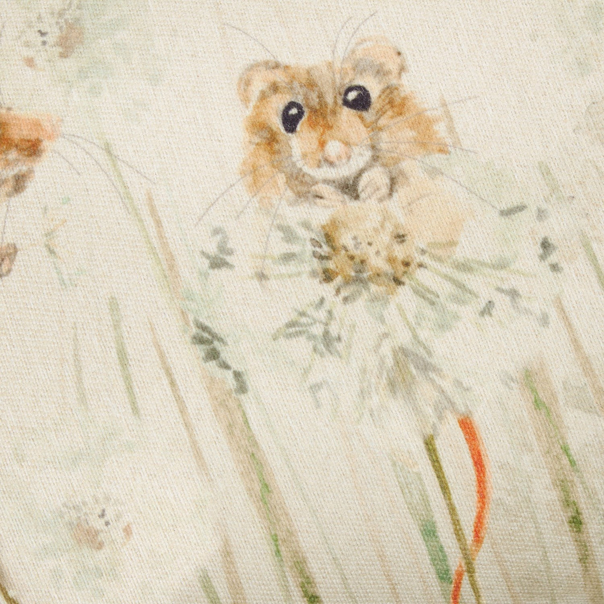 Bramble Mice reversible polyester scatter cushion, close-up of a hand-painted mouse among dandelion clocks and grasses on a pale oatmeal fabric ground.