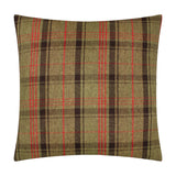 Square tartan check cushion in olive green, red and dark brown plaid fabric, shown on a plain white background.