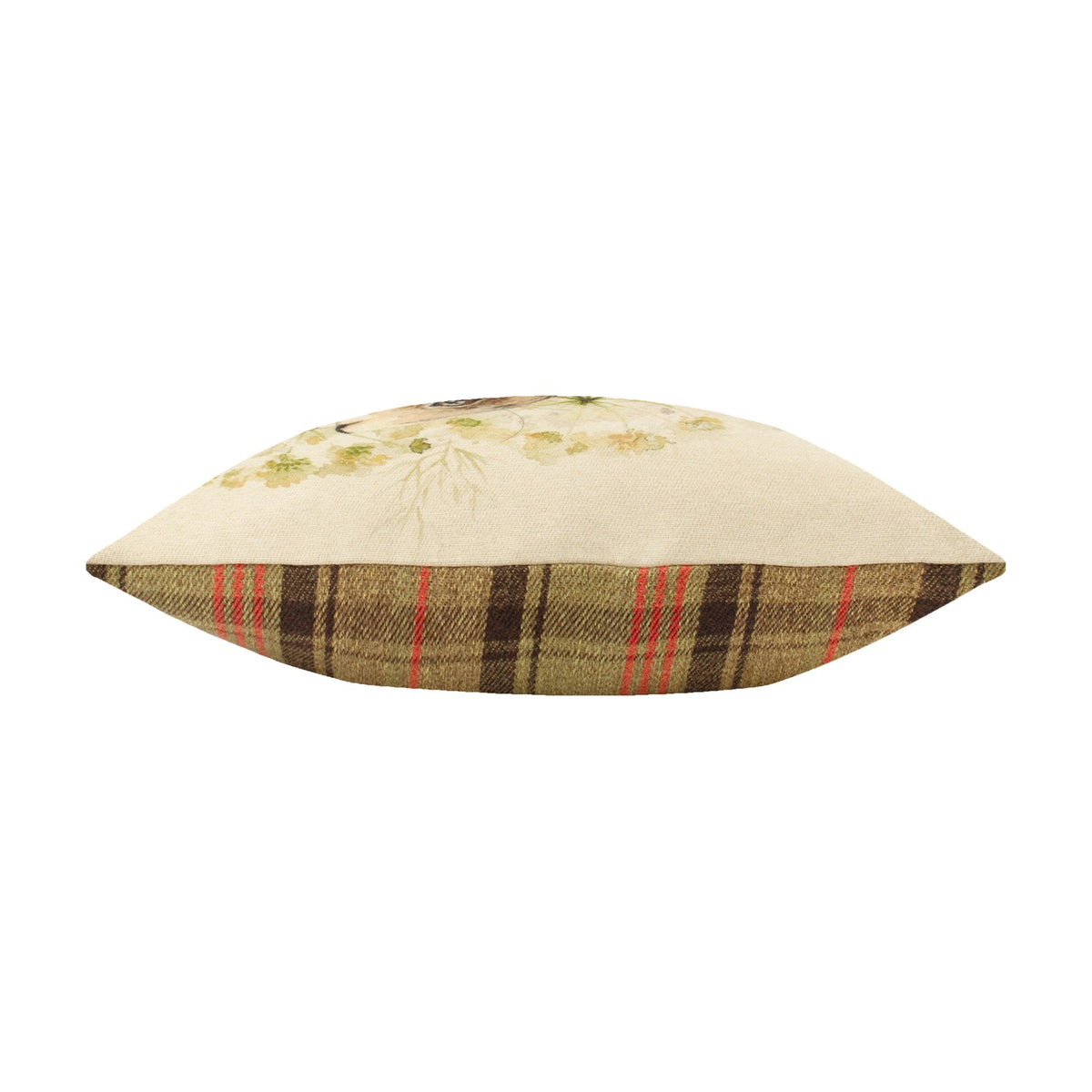 Side view of the Bramble Hare reversible polyester cushion, showing a beige panel with hare and floral print meeting a brown, green and red plaid reverse, on a white background.