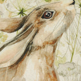 Close-up of the Bramble Hare Reversible Polyester Cushion showing the hand-painted hare's face in profile with whiskers, eye detail, and watercolour cow parsley in beige and green tones.