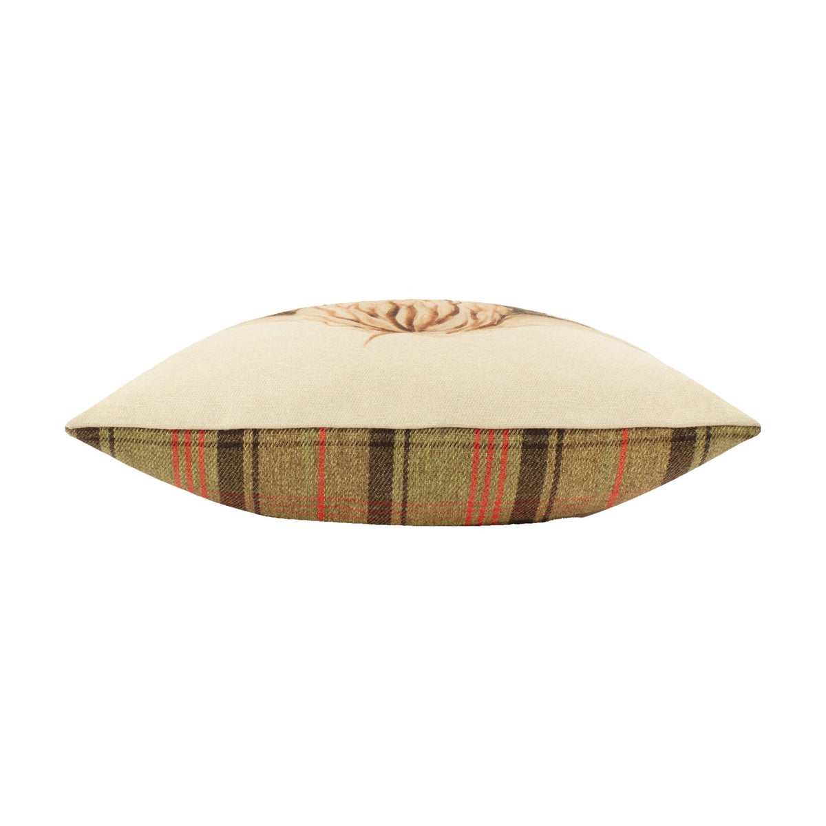 Side view of the Bramble Highland Cow cushion showing a beige polyester front with faint cow print, edged in an olive, red, and brown check fabric, on a white background.
