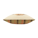 Side view of the Bramble Highland Cow cushion showing a beige polyester front with faint cow print, edged in an olive, red, and brown check fabric, on a white background.