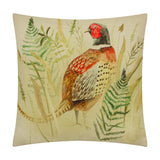 Bramble Pheasant square cushion in beige polyester, printed with a watercolour-style cock pheasant among green ferns and grasses, on a plain white background.
