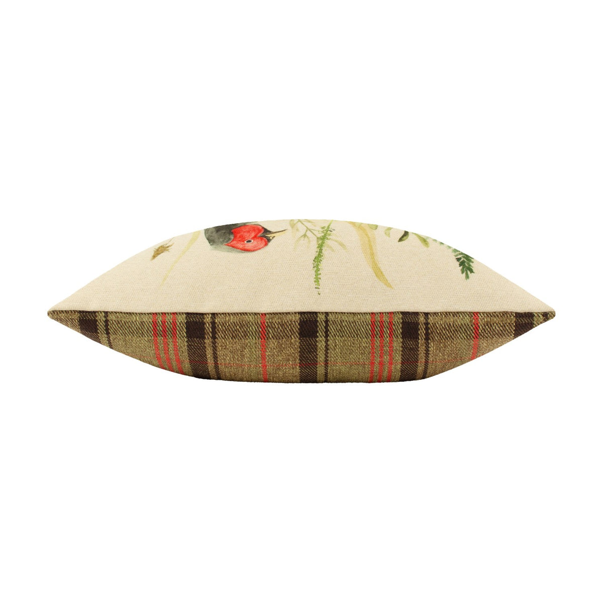 Side view of the Bramble Pheasant reversible cushion, showing a painted pheasant and foliage design meeting an olive, brown and red tartan check, on a plain white background.