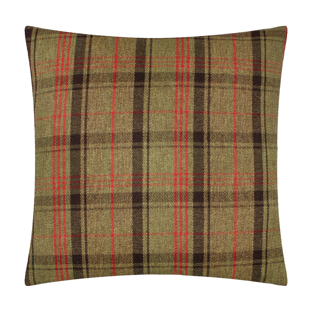 Square polyester cushion in Bramble Stag design, reverse side shown with olive, brown and red tartan check pattern, on a plain white background.