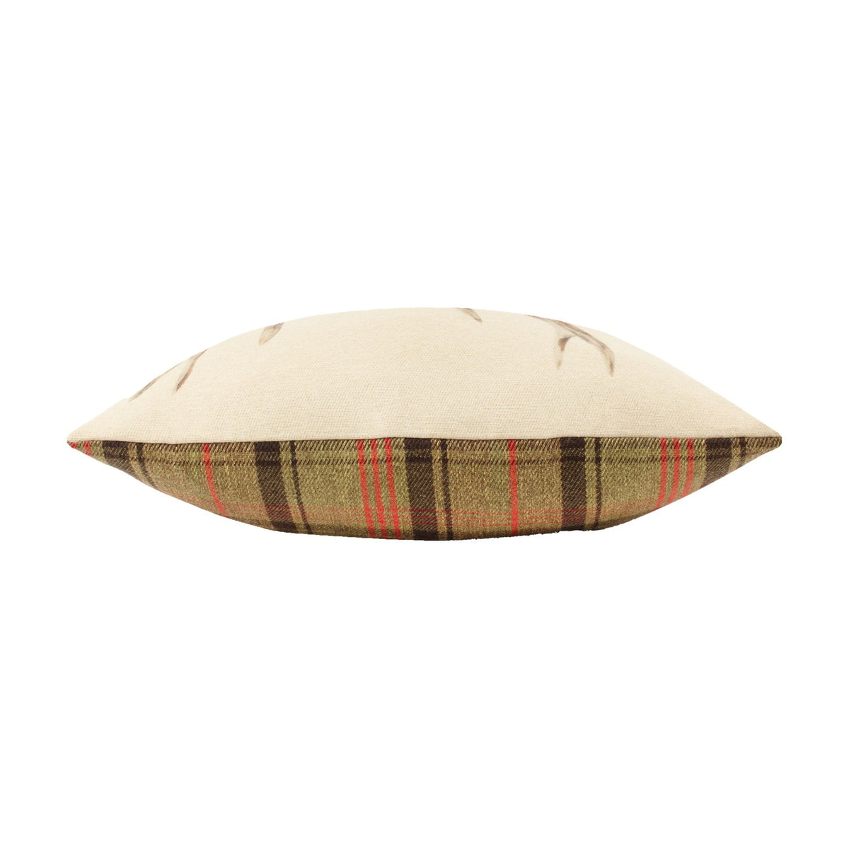 Side view of the Bramble Stag reversible polyester cushion, showing cream fabric with faint stag antler print meeting an olive, brown and red check reverse, on a white background.