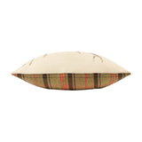Side view of the Bramble Stag reversible polyester cushion, showing cream fabric with faint stag antler print meeting an olive, brown and red check reverse, on a white background.