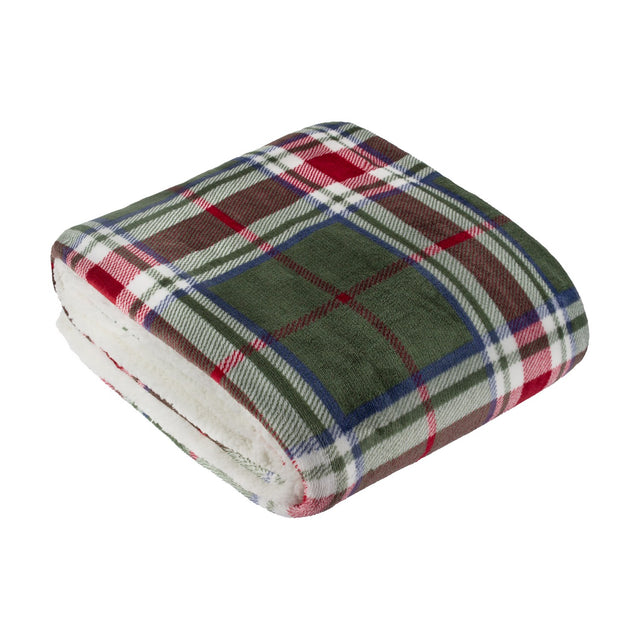 Braemarcheck folded polyester throw in red and green tartan with cream Sherpa fleece reverse, shown on a plain white background.