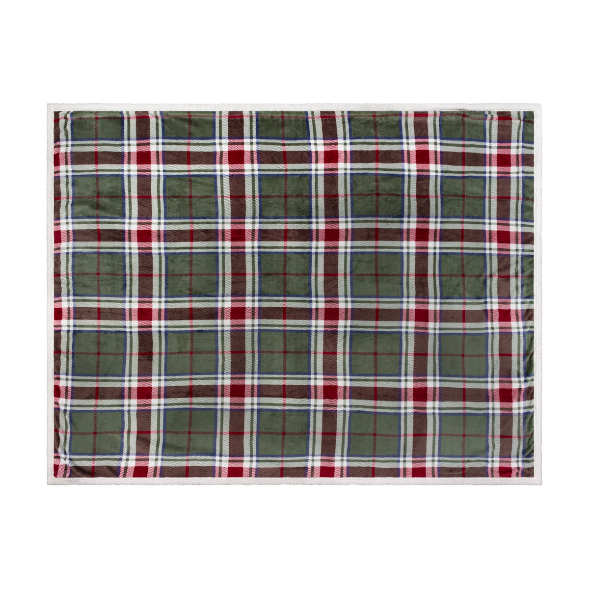 Braemarcheck fleece throw in red and green tartan check with fine blue and white lines, cream Sherpa reverse edge visible, shown flat on a white background.