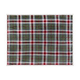 Braemarcheck fleece throw in red and green tartan check with fine blue and white lines, cream Sherpa reverse edge visible, shown flat on a white background.
