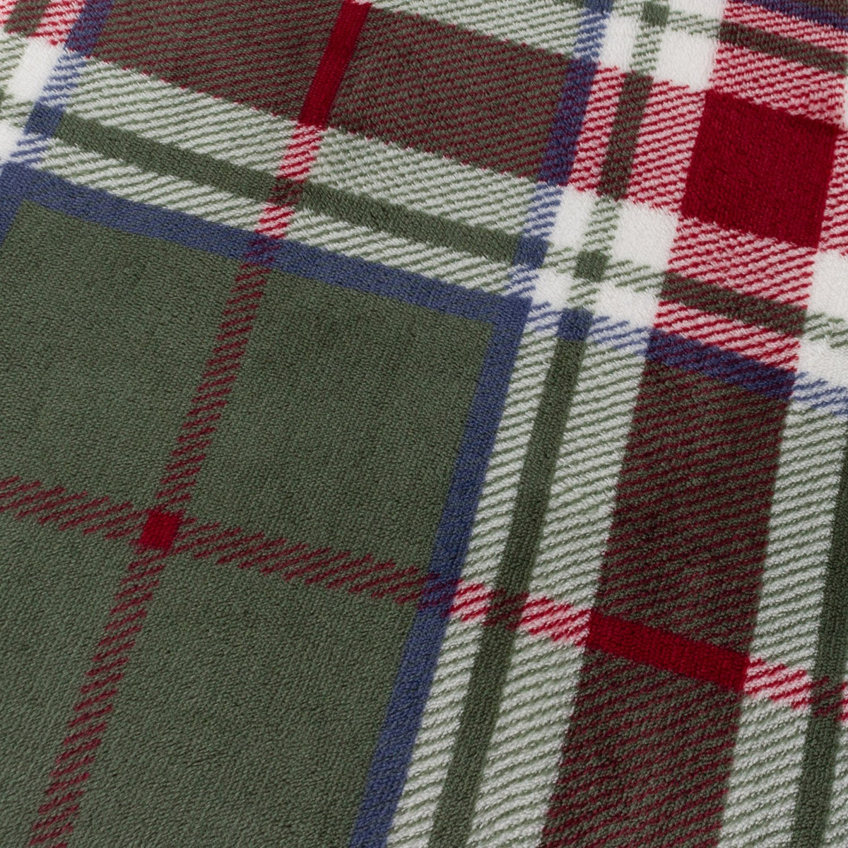 Close-up of the Braemar tartan throw's polyester fleece face, showing green and brown check squares crossed by fine red, blue and white lines.