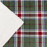 Braemarcheck polyester throw in red and green tartan check, folded corner showing soft cream Sherpa fleece reverse, fabric material.