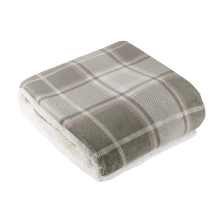 Braemarcheck folded polyester throw in grey and natural check with printed tartan face and ivory Sherpa fleece reverse visible, shown on a plain white background.