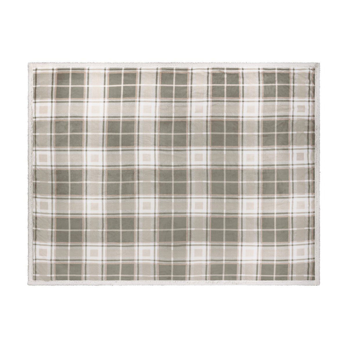 Braemarcheck polyester throw in grey and natural check plaid with white sherpa fleece trim, shown flat on a plain white background.