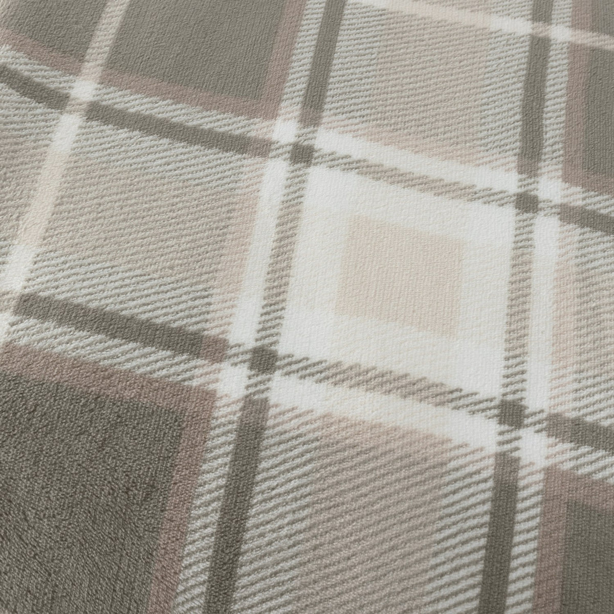 Close-up of the Braemarcheck polyester throw showing a grey and natural tartan check pattern with putty and ivory tones woven in a crossing plaid design.