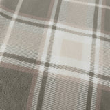 Close-up of the Braemarcheck polyester throw showing a grey and natural tartan check pattern with putty and ivory tones woven in a crossing plaid design.