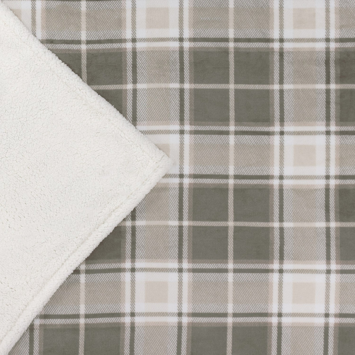 Braemarcheck Check Polyester Throw in grey and natural tartan, showing the printed plaid face folded back to reveal the ivory Sherpa fleece reverse.