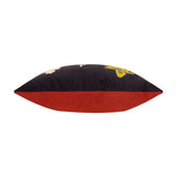 Braywick Animal Velvet Cushion in black, side view showing a rust-red velvet reverse and floral-print black velvet front, bolster-style rectangle on a white background.
