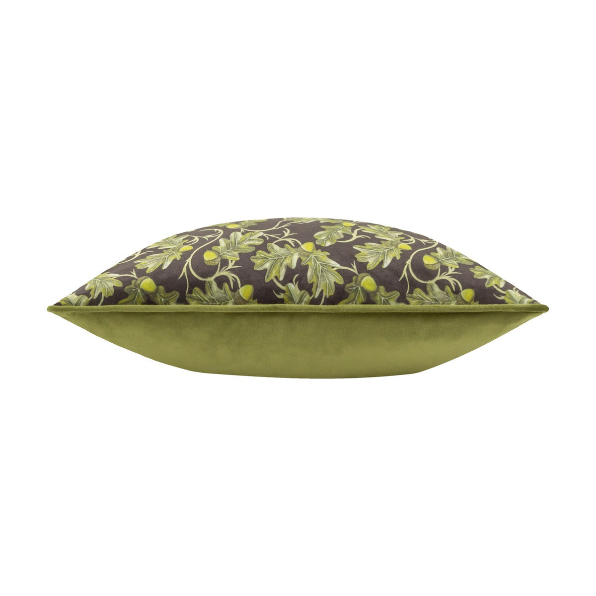 Side view of the Braywick Animal Velvet Cushion in Bee design, showing a dark green-brown patterned top edge with oak leaves and acorns above a plain olive green velvet gusset, on a white background.
