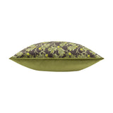 Side view of the Braywick Animal Velvet Cushion in Bee design, showing a dark green-brown patterned top edge with oak leaves and acorns above a plain olive green velvet gusset, on a white background.