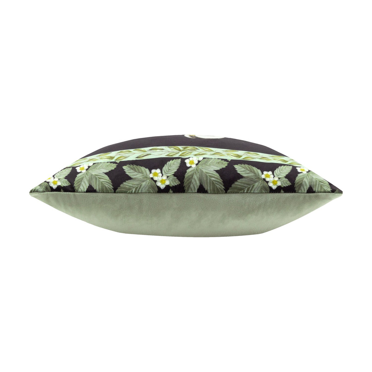 Side view of the Braywick Animal Velvet Cushion showing its plump edge with a leaf and white flower border on black velvet, backed in plain sage green, set against a white background.