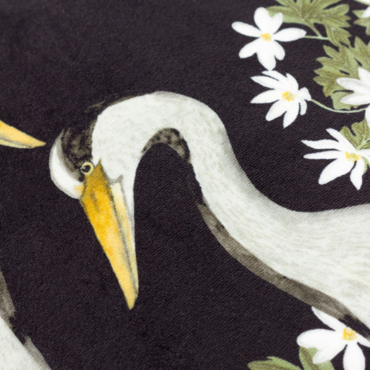 Braywick Animal Velvet Cushion in polyester velvet, close-up of a crane's head and neck in soft grey with an amber beak, set against black with white flowers and green foliage.
