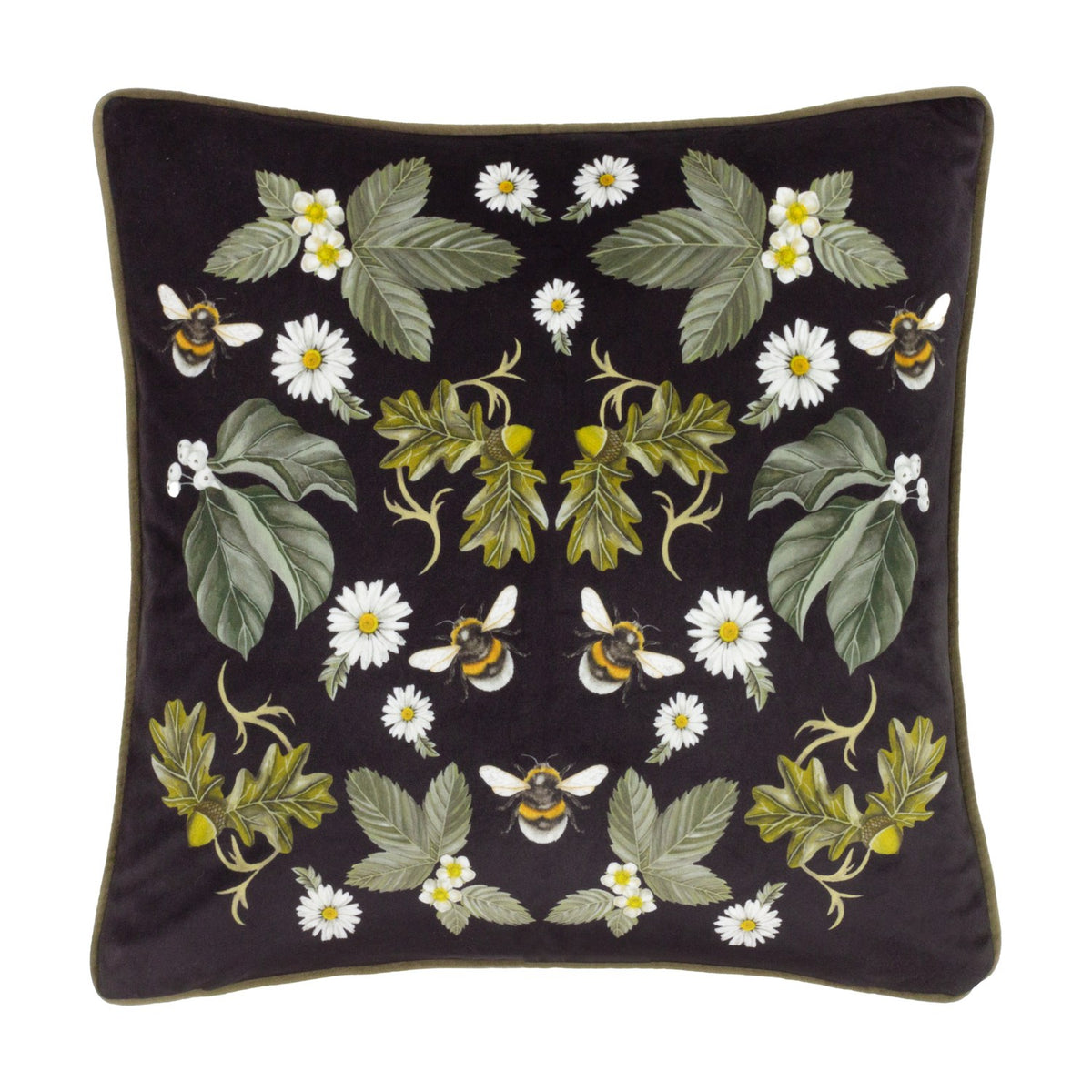 Braywick Animal Velvet Cushion in black with a mirrored floral design of daisies, leaves, acorns and bumblebees, olive green piped edges, shown on a plain white background.