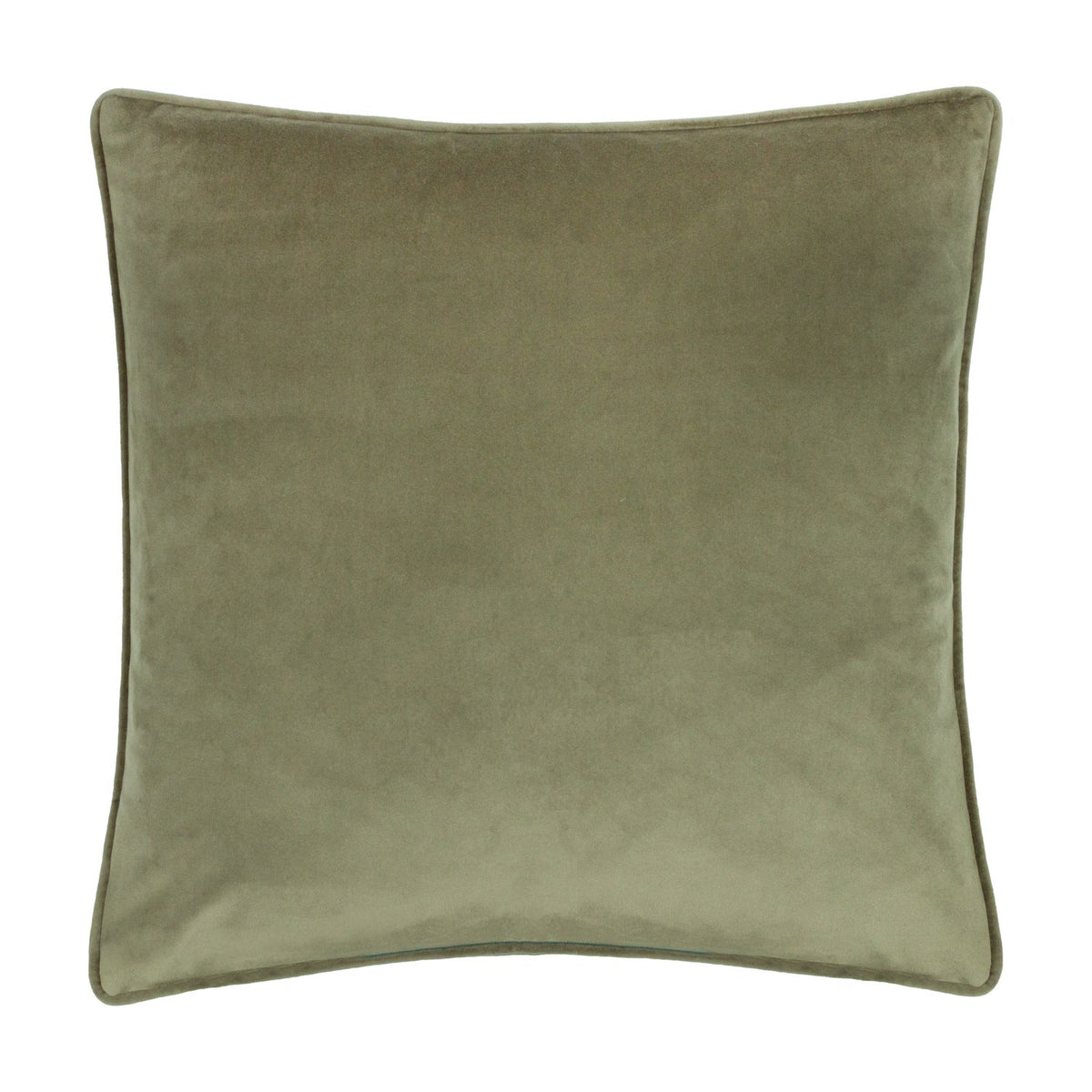 Braywick Animal Velvet Cushion reverse side shown in plain sage green velvet with matching piped edge, photographed on a white background.