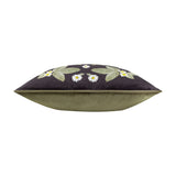 Braywick Animal Velvet Cushion in Mirror, side view showing dark velvet front with symmetrical daisy and leaf print and plain sage-green velvet reverse, on a white background.