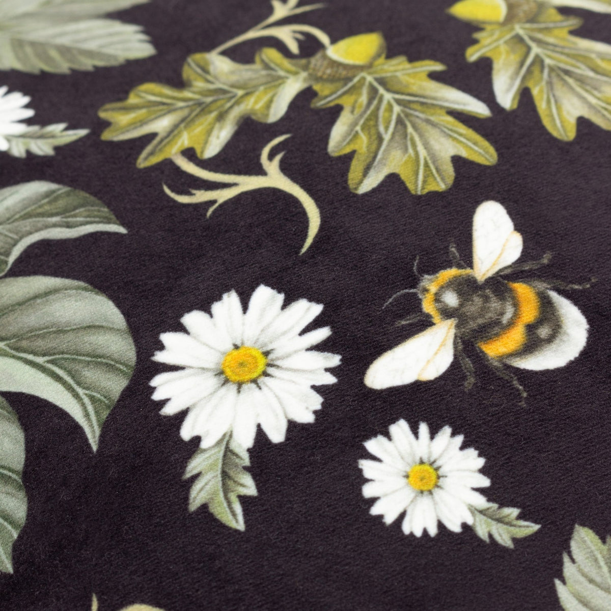 Braywick velvet cushion detail showing daisies, oak leaves, acorns and a bumblebee printed on a black ground.
