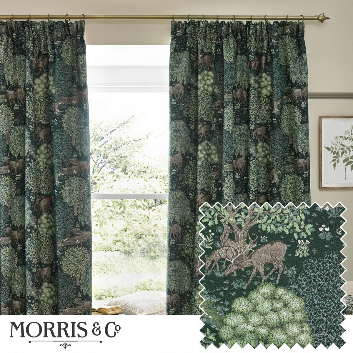Brook Jacquard Polyester Pencil Pleat Curtains in Forest Green, hung on a brass pole by a window, showing a woven woodland scene with deer and trees, plus a fabric swatch detail.