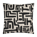 Brooke Abstract Cotton Cushion in Mono, a 45x45cm square cushion with black embroidered geometric line and block patterns on a natural cream cotton ground, shown on a plain white background.