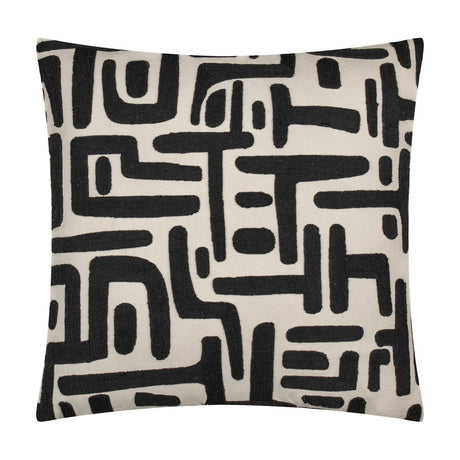Brooke Abstract Cotton Cushion in Mono, a 45x45cm square cushion with black embroidered geometric line and block patterns on a natural cream cotton ground, shown on a plain white background.