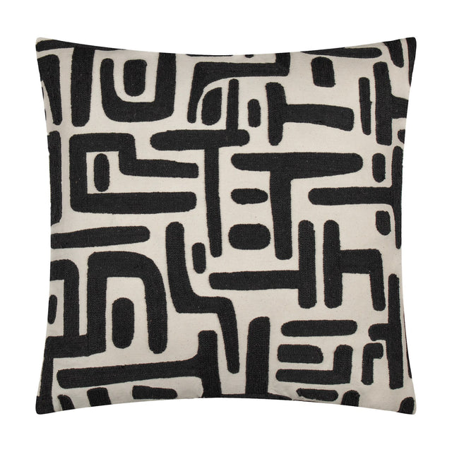 Brooke Abstract Cotton Cushion in Mono, a 45x45cm square cushion with black embroidered geometric line and block patterns on a natural cream cotton ground, shown on a plain white background.