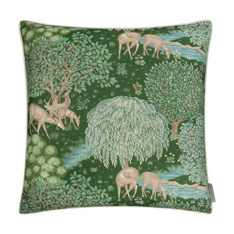 Square jacquard polyester cushion in forest green, The Brook design with deer, oak trees and a weeping willow beside a brook, shown on a white background.