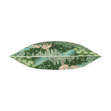 Side view of The Brook jacquard polyester cushion in forest green, showing deer and willow tree woodland design with piped edge trim on a white background.