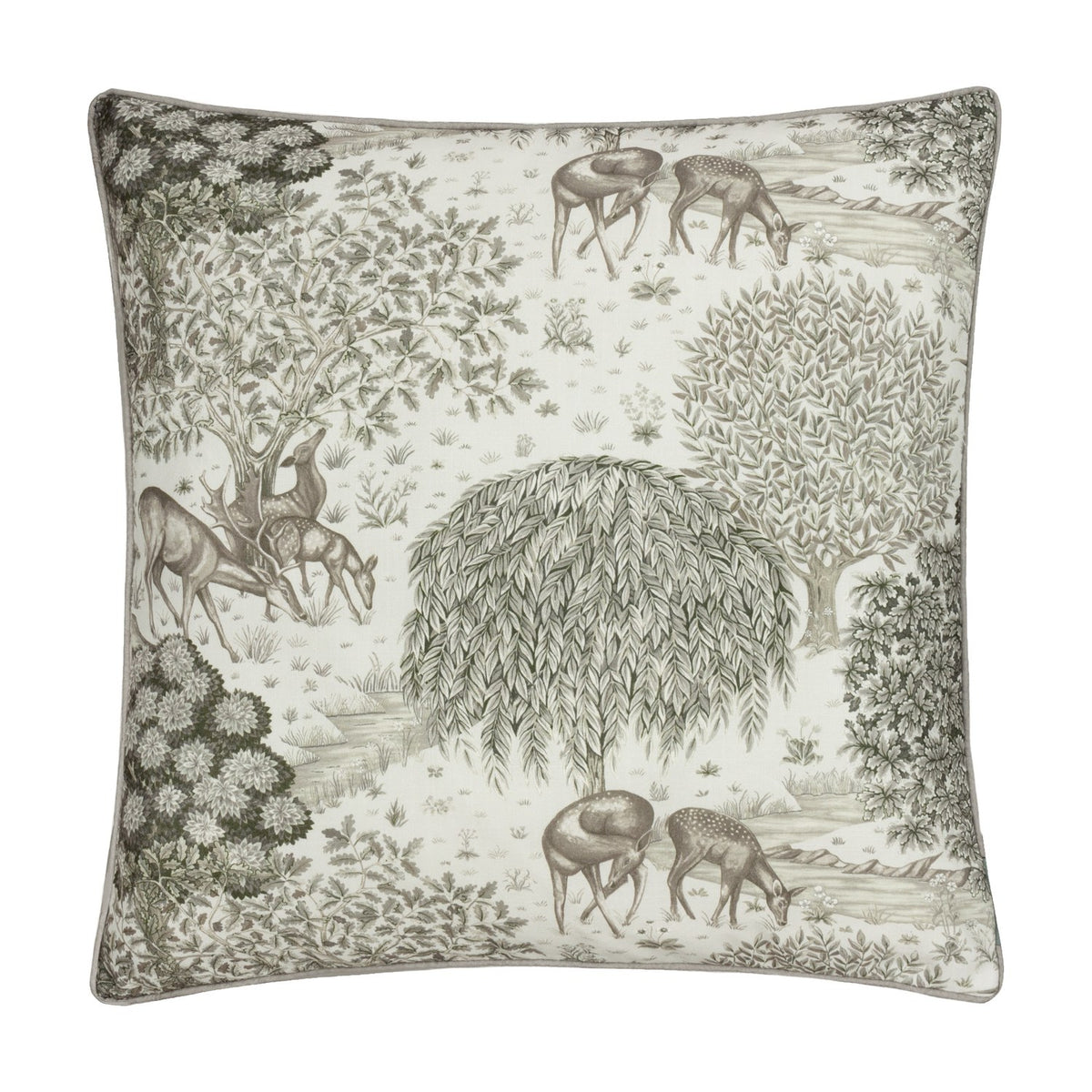 Square The Brook Jacquard Linen Cushion in cream, green and grey, featuring a toile-style woodland scene with deer, willow trees and a stream, shown on a white background.